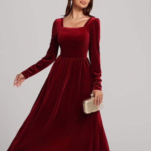 Velvet Square Neck Long Sleeve Dress - Picture 4 of 9